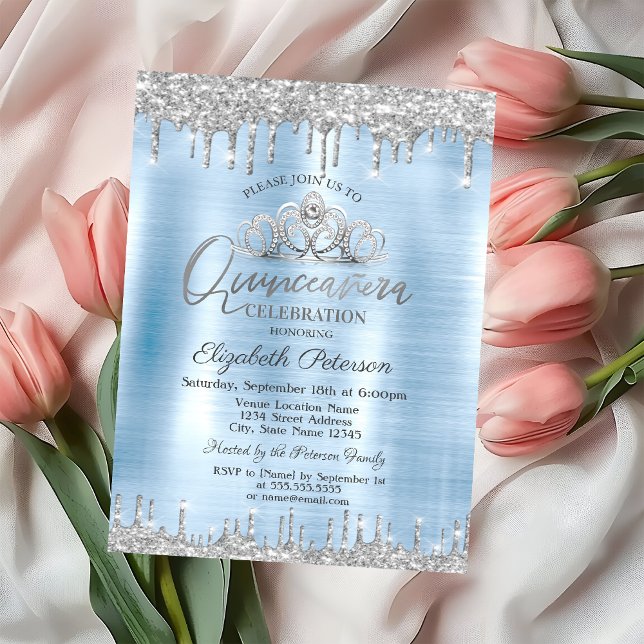 Tiara, Silver Glitzer Drops Blue Quinceañera Einladung (Von Creator hochgeladen)