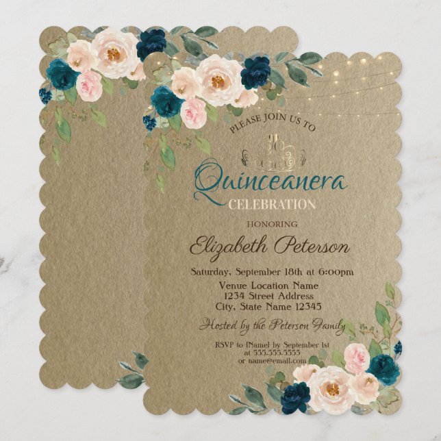 Tiara, String Lights Blume Kraft Quinceañera Einladung (Vorne/Hinten)