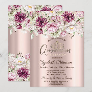 Tiara, String Lights, rosa Blume Quinceañera Einladung