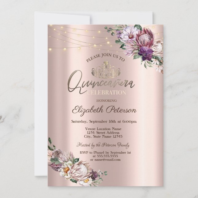 Tiara, String Lights Tropical Blume Quinceañera Einladung (Vorderseite)