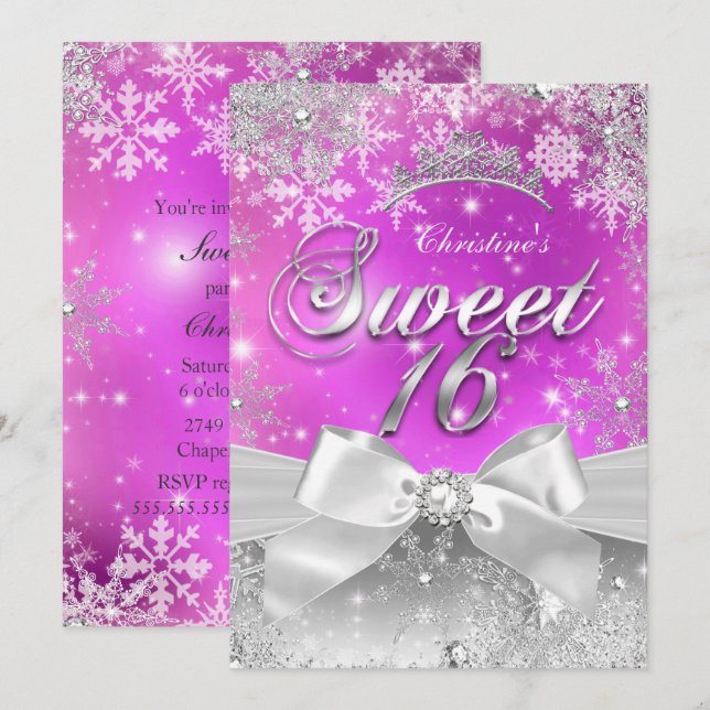 Tiara Sweet 16 Hot Pink Winter Wonderland Einladung (Vorne/Hinten)