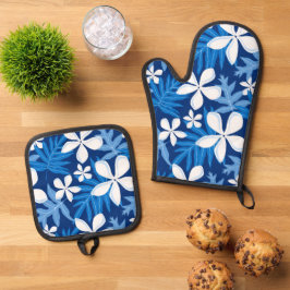 TIARE-MUSTER IN BLAU OFENHANDSCHUH & Topflappen-Set