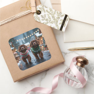 Tibet Spaniel Hunde Weihnachten Schnee Urlaub Quadratischer Aufkleber