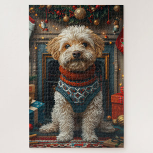 Tibet-Terrier-Hund mit Weihnachtsgeschenken am Kam