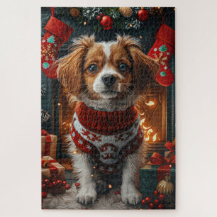 Tibet-Terrier-Hund mit Weihnachtsgeschenken am Kam