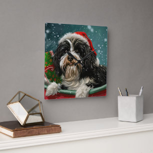 Tibet-Terrier Hund Weihnachtsfestlich Quadratische Wanduhr