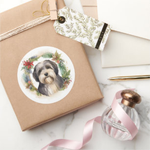 Tibet-Terrier-Weihnachtskranz Festlicher Hund Runder Aufkleber