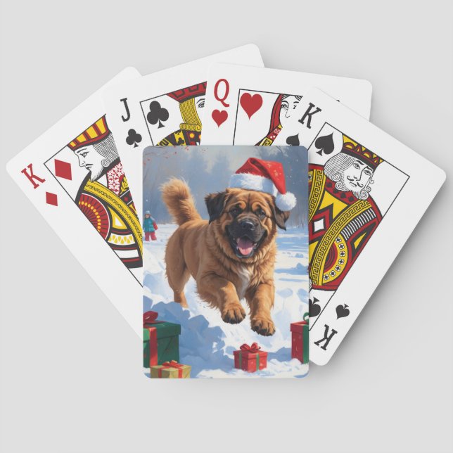 Tibetan Mastiff läuft mit Weihnachtsmut im Schnee Spielkarten (Rückseite)