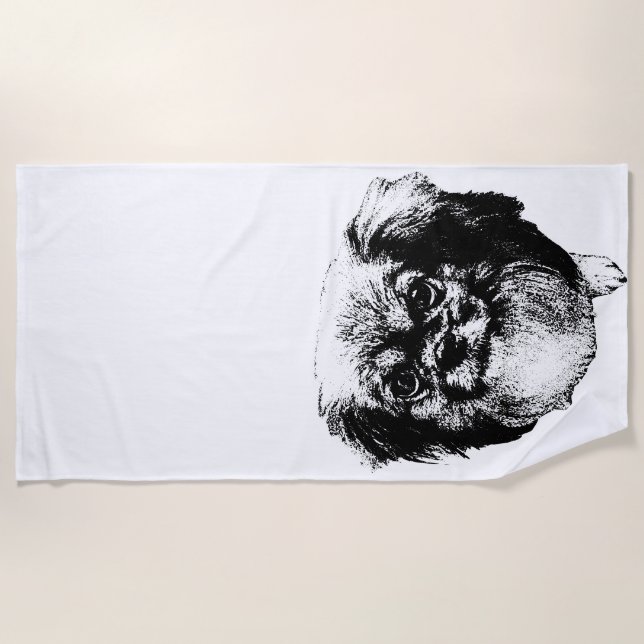 Tibetan Spaniel Beach Towel – Ink Line Art Strandtuch (Vorderseite)