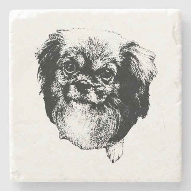 Tibetan Spaniel Coaster – Monochrome Dog Art Steinuntersetzer (Vorderseite)