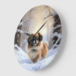 Tibetan Spaniel Lass es schneien Weihnachten  Große Wanduhr