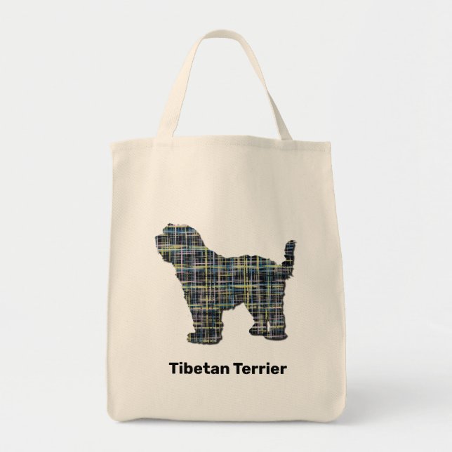 Tibetan Terrier Dog Silhouette Yellow & Black Grid Tragetasche (Vorne)