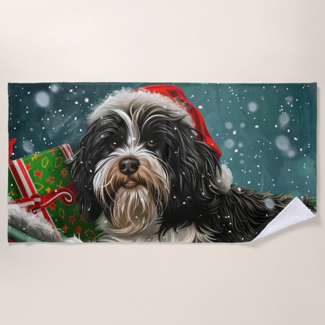 Tibetan Terrier Dog Weihnachtsfest Strandtuch (Vorderseite)