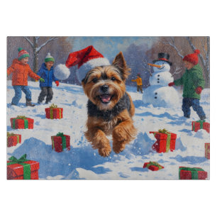 Tibetan Terrier läuft mit Weihnachtshut im Schnee Schneidebrett