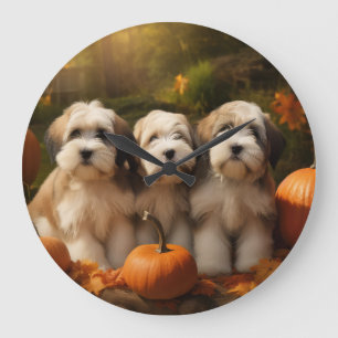 Tibetan Terrier Welpe Herbstfreude Kürbis Große Wanduhr