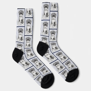 Tibeter Terrier Painting Black and White Dog Art Socken