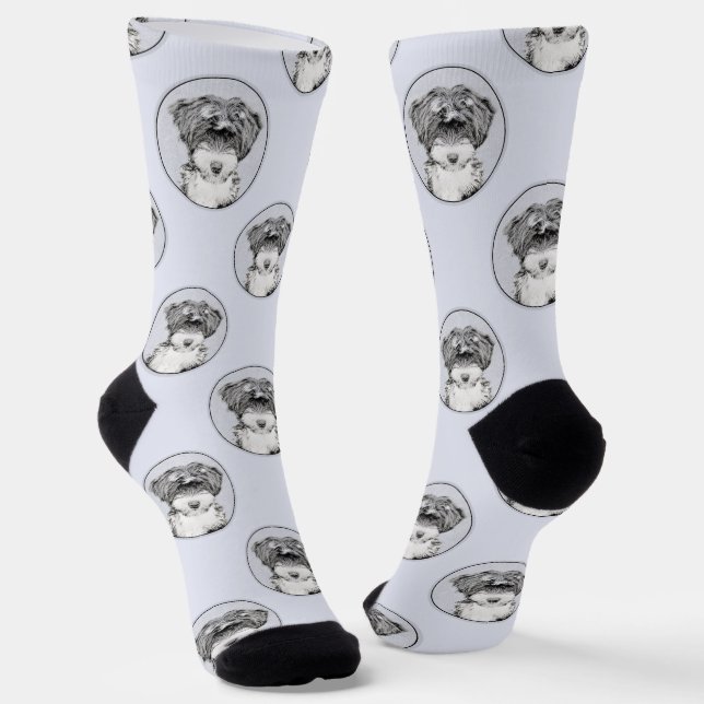 Tibeter Terrier Painting Black and White Dog Art Socken (Gewinkelt)