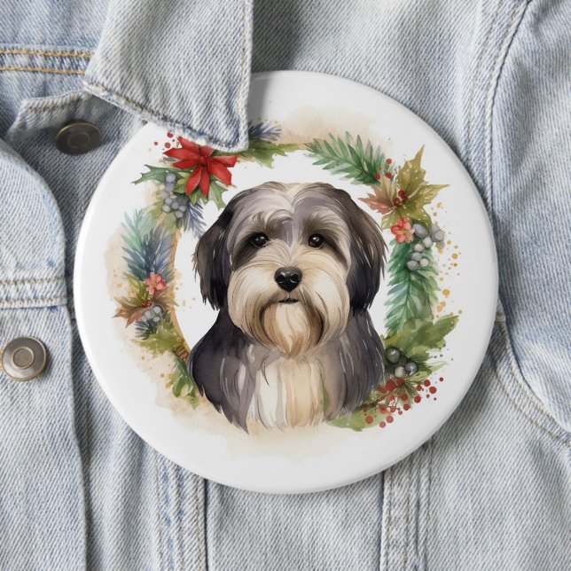 Tibeter Terrier Weihnachtskranz Festliche Jungfrau Button (Beispiel)