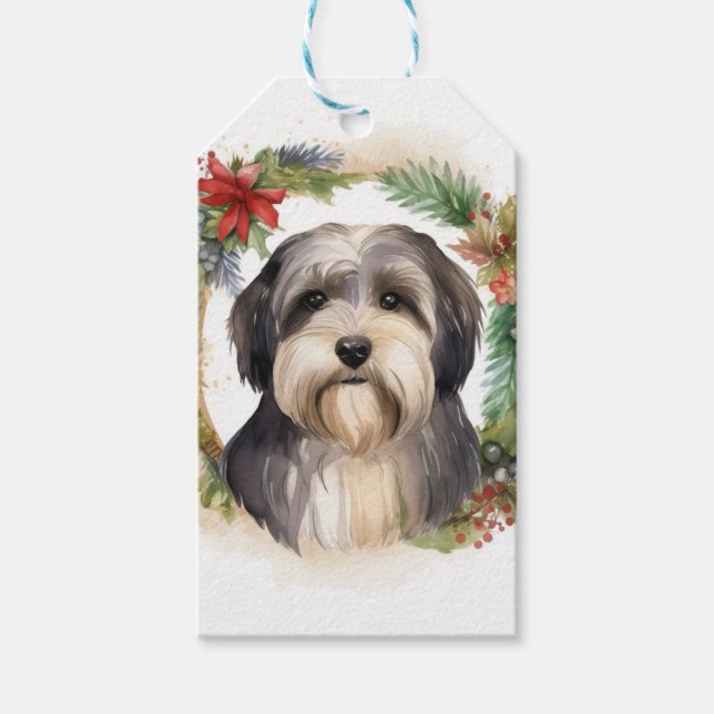 Tibeter Terrier Weihnachtskranz Festliche Jungfrau Geschenkanhänger (Vorderseite)