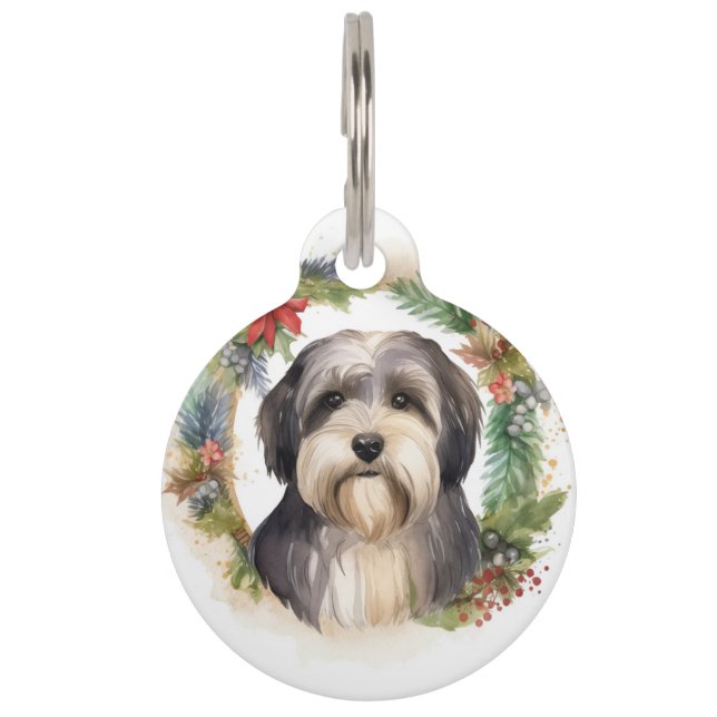 Tibeter Terrier Weihnachtskranz Festliche Jungfrau Haustiermarke (Vorderseite)