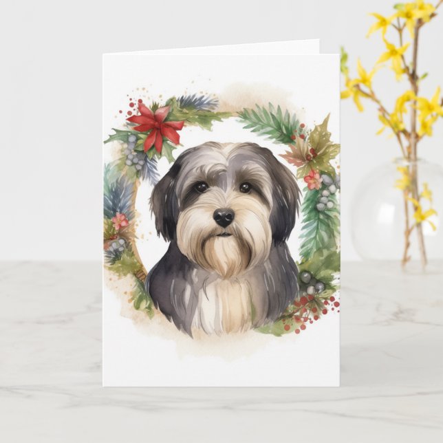 Tibeter Terrier Weihnachtskranz Festliche Jungfrau Karte (Gelbe Blume)