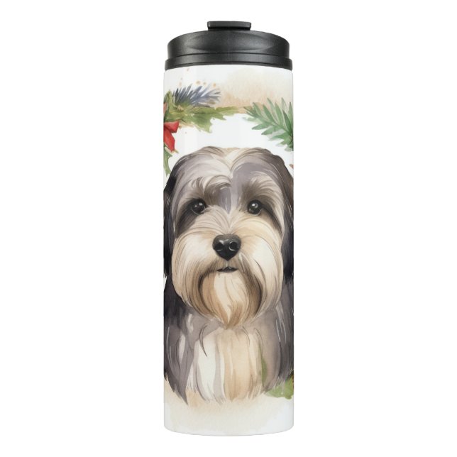 Tibeter Terrier Weihnachtskranz Festliche Jungfrau Thermosbecher (Vorderseite)