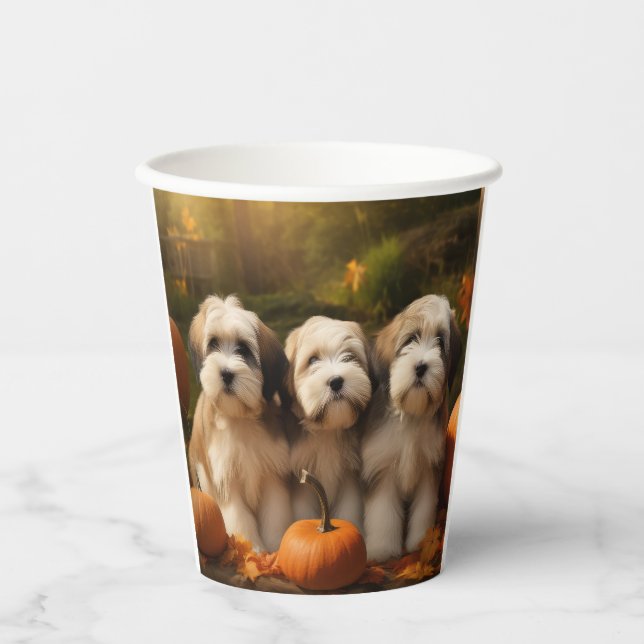 Tibeter Terrier Welpe Herbst Kürbis Pappbecher (Vorderseite)