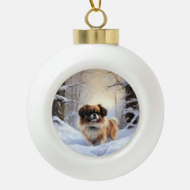 Tibetisch-Spanier lassen Weihnachten schneeweilen Keramik Kugel-Ornament (Vorderseite)