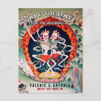 Tibetische Skelette tanzen Save the Date Postkarte