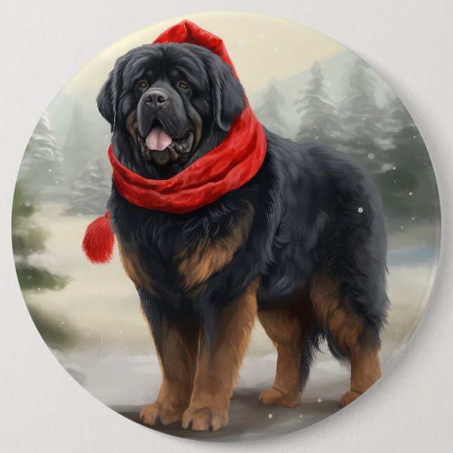 Tibetischer Mastiff Hund in Schneeweihnachtszeit Button (Vorderseite)