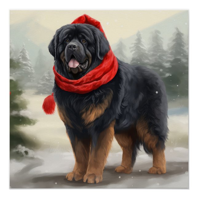Tibetischer Mastiff Hund in Schneeweihnachtszeit Poster (Vorderseite)