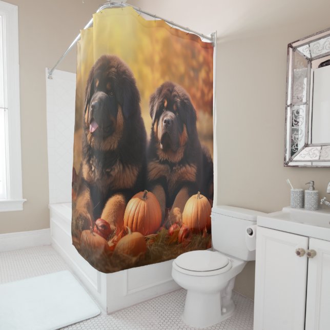 Tibetischer Mastiff Welpe Herbst Kürbis Duschvorhang (Beispiel)