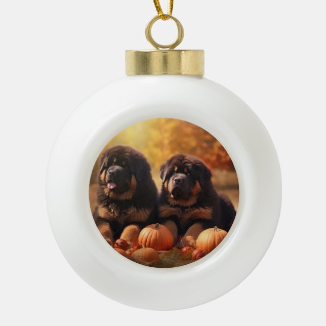 Tibetischer Mastiff Welpe Herbst Kürbis Keramik Kugel-Ornament (Vorderseite)