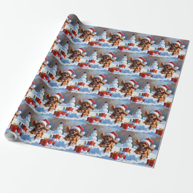 Tibetischer Spanier, der mit Weihnachtshut in Schn Geschenkpapier (Ungerollt)