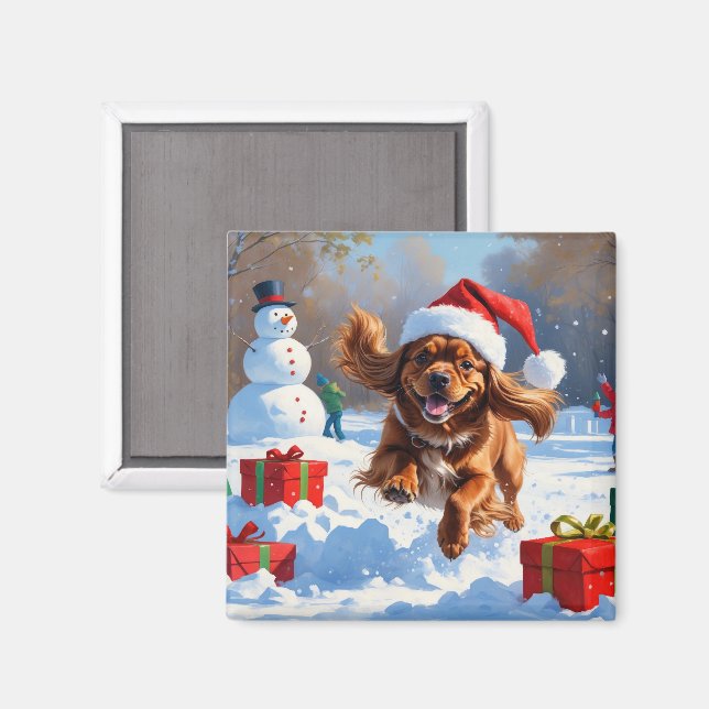 Tibetischer Spanier, der mit Weihnachtshut in Schn Magnet (Vorderseite/Rückseite)