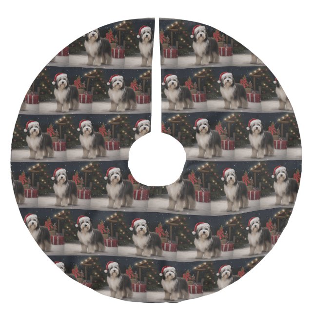 Tibetischer Terrier Dog zu Schneehochzeiten Polyester Weihnachtsbaumdecke (Vorderseite)