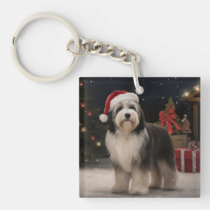 Tibetischer Terrier Hund im Schnee Weihnachten Schlüsselanhänger