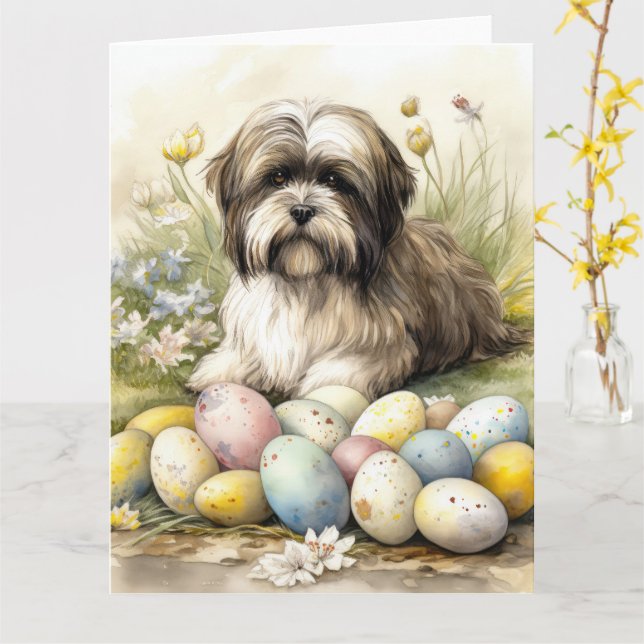 Tibetischer Terrier Hund mit Ostereier Urlaub Karte (Gelbe Blume)
