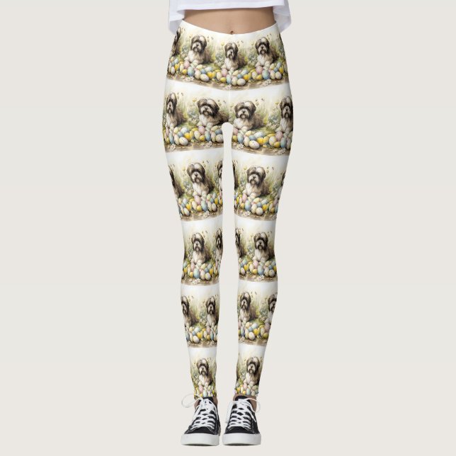 Tibetischer Terrier Hund mit Ostereier Urlaub Leggings (Vorderseite)