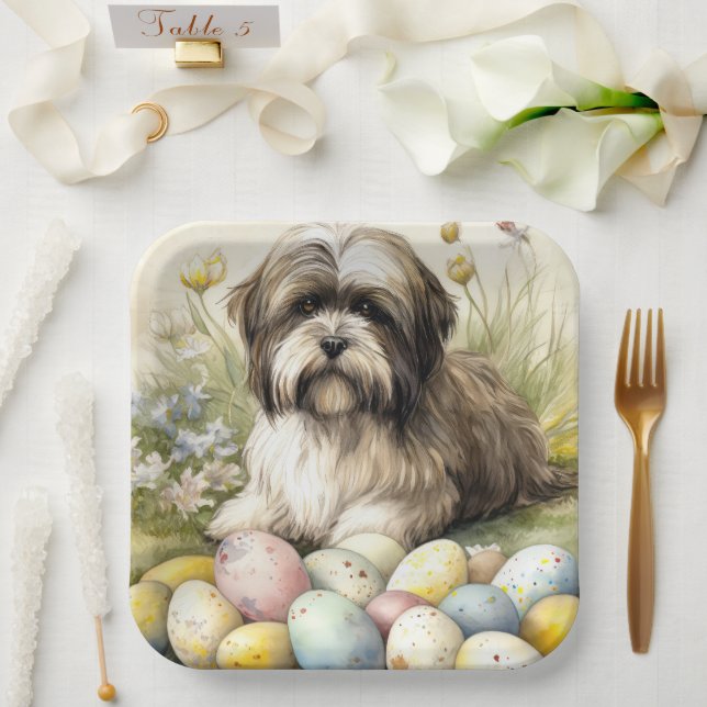 Tibetischer Terrier Hund mit Ostereier Urlaub Pappteller (Hochzeit)
