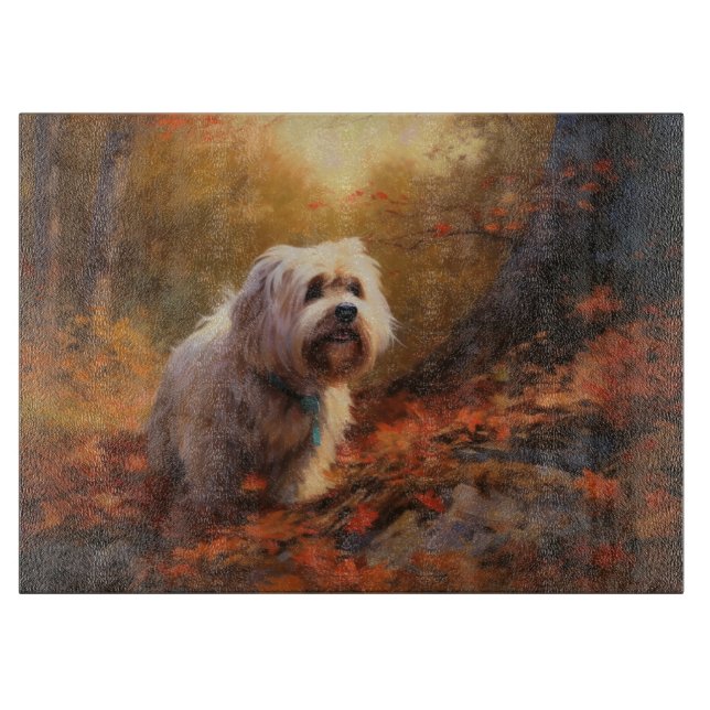 Tibetischer Terrier im Herbstfall Inspiriert Schneidebrett (Vorderseite)