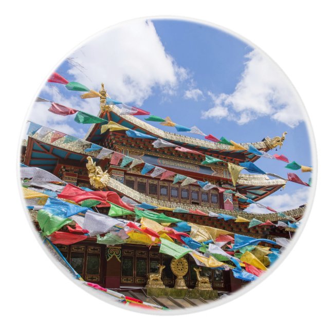 Tibettempel mit Gebetsfahnen - Yunnan, China Keramikknauf (Vorderseite)
