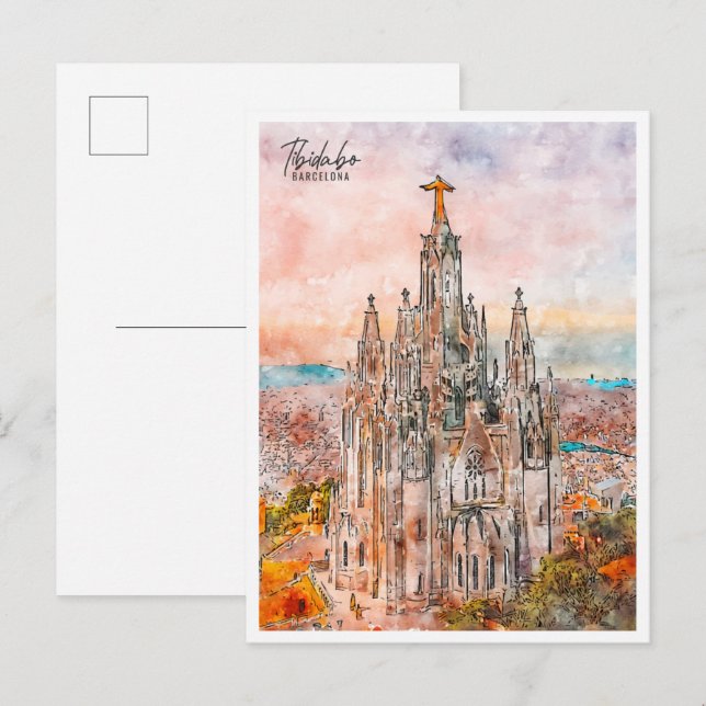 Tibidabo Barcelona Vintage Reise Aquarell Postkarte (Vorne/Hinten)