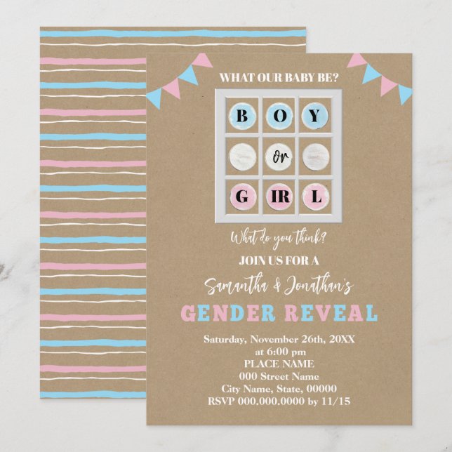 Tic Tac Toe Boy oder Girl Gender Reveal Einladung (Vorne/Hinten)