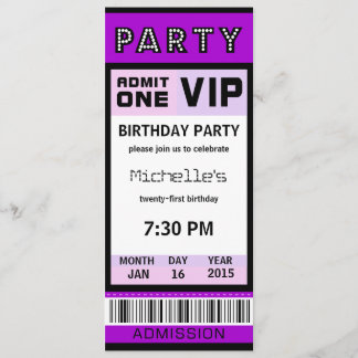 Ticket 21. Geburtstag Party Einladungen Lila