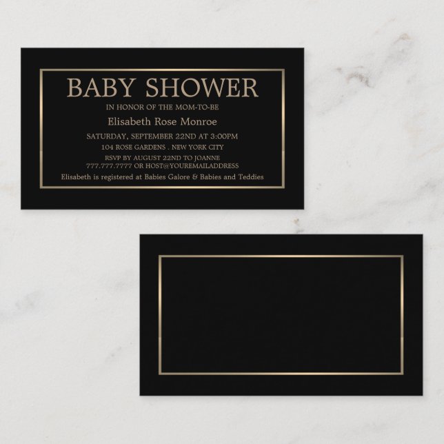 Ticket Baby shower moderne et élégant, noir et or (Devant / Derrière)