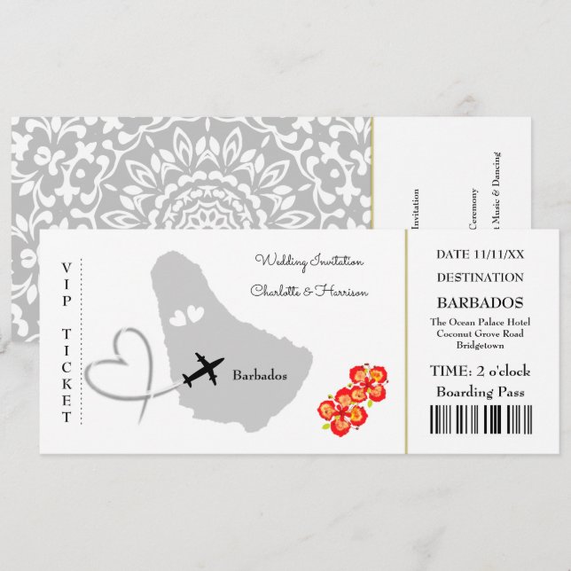 Ticket Boarding Pass Wedding Destination Barbados Einladung (Vorne/Hinten)
