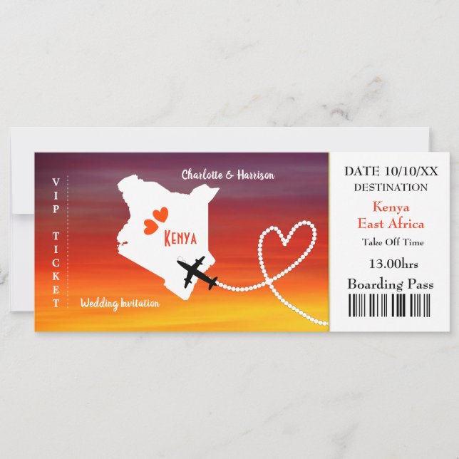 Ticket Boarding Pass Wedding Destination Kenya Einladung (Vorderseite)