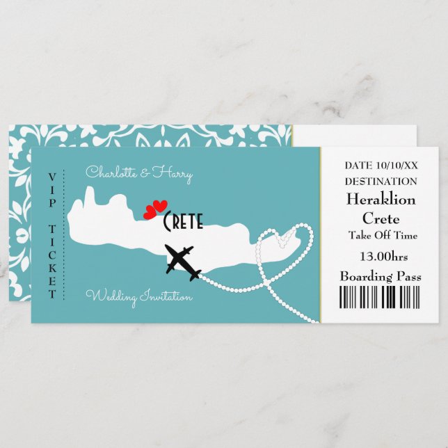 Ticket Boarding Pass Wedding Destination Kreta Einladung (Vorne/Hinten)