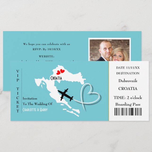 Ticket Boarding Pass Wedding Destination Kroatien Einladung (Vorne/Hinten)